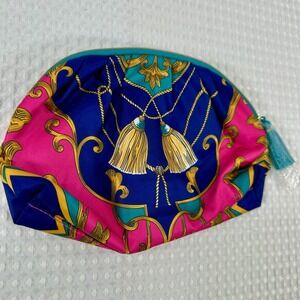 Estee Lauder Cosmetic Makeup Blue Pink Gold Tassel Zipper‎ Pouch Recycled Fabric
